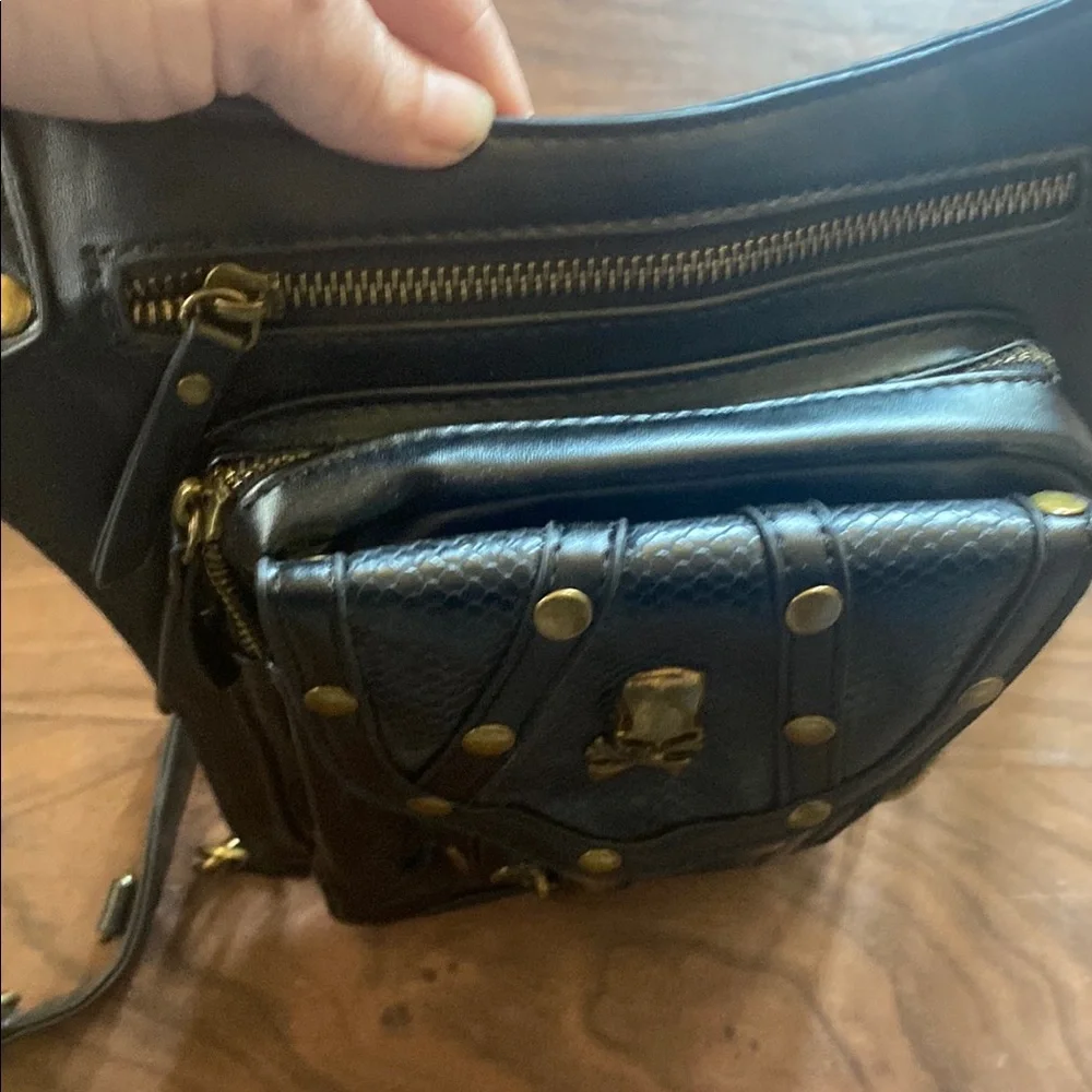 Black Leather Crossbody Bag with Gold Accents Biker Goth Steampunk New No‎ Tags